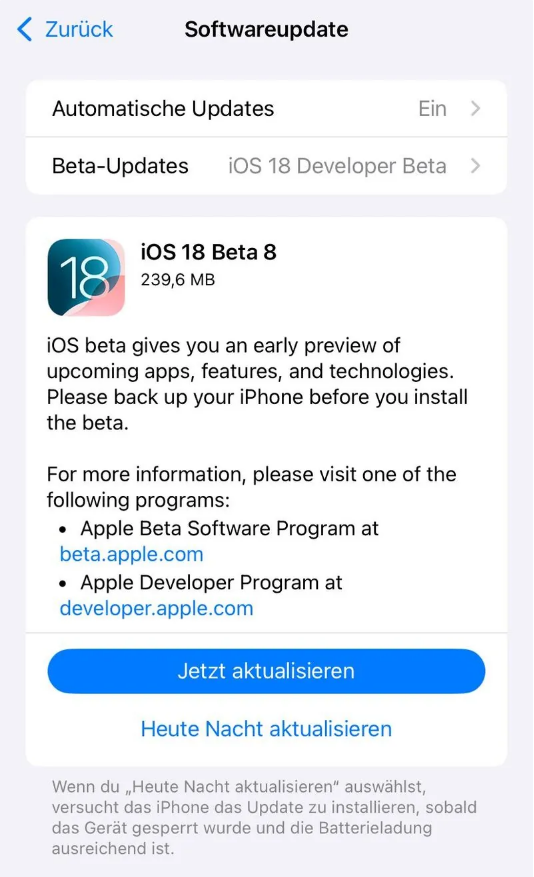 红安苹果手机维修分享苹果 iOS / iPadOS 18 开发者预览版 Beta 8 发布 